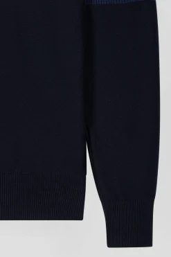 Pull col camionneur montant en coton bleu foncé à jeux de maille coupe Regular