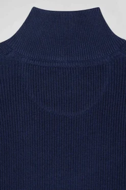 Pull col camionneur montant en coton bleu foncé à jeux de maille coupe Regular