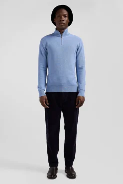 Pull col camionneur zippé uni en coton ciel coupe Regular