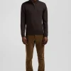 Pull col camionneur zippé en laine et coton brun coupe Regular