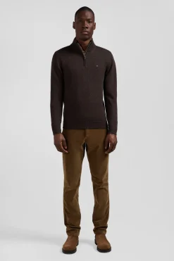 Pull col camionneur zippé en laine et coton brun coupe Regular