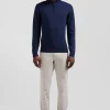 Pull col camionneur zippé en laine et coton bleu foncé coupe Regular