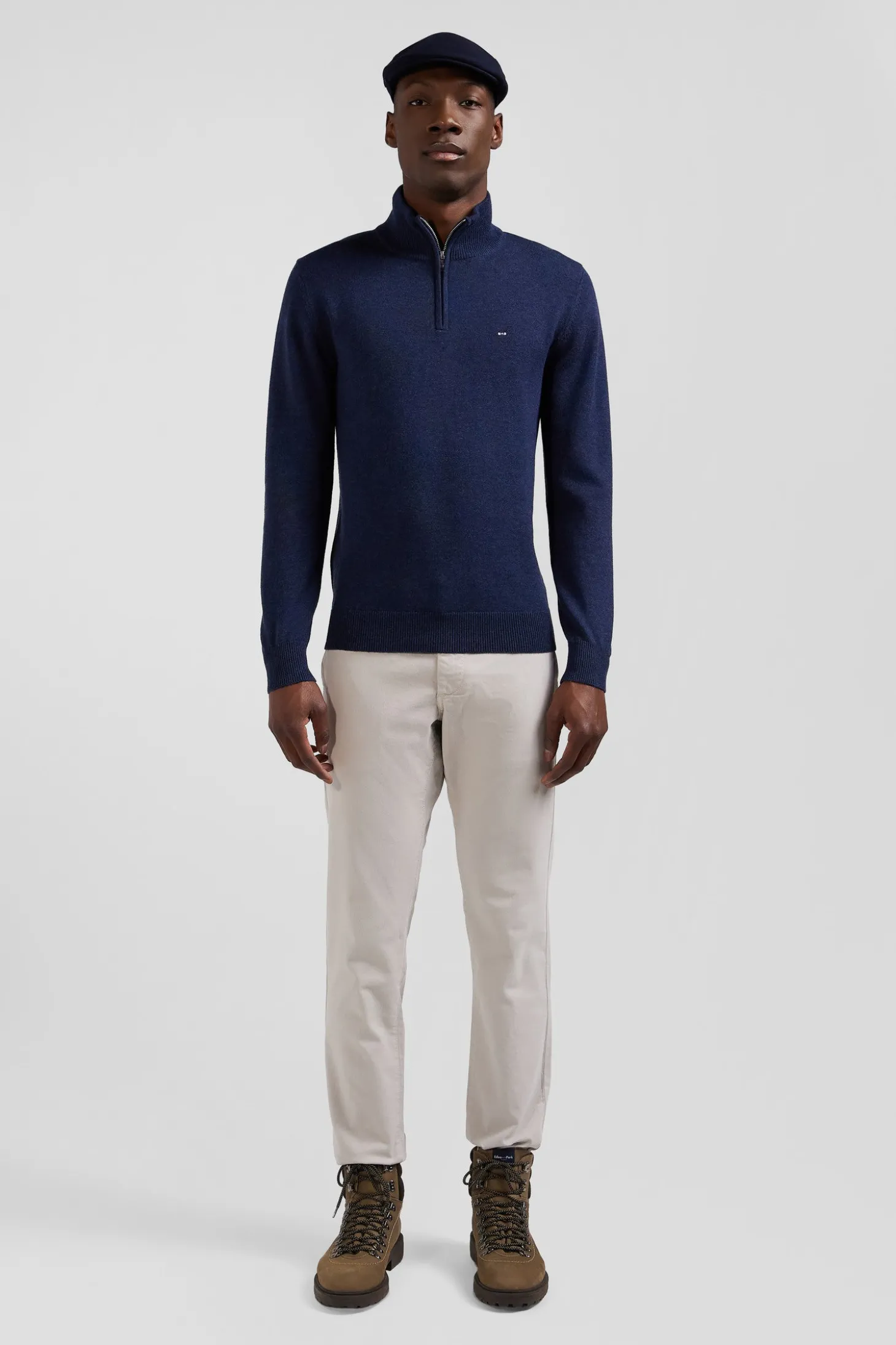 Pull col camionneur zippé en laine et coton bleu foncé coupe Regular
