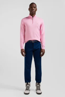 Pull col camionneur zippé en laine et coton rose coupe Regular