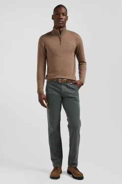 Pull col camionneur zippé en laine et coton marron coupe Regular