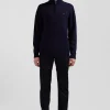 Pull col camionneur zippé en laine et coton bleu marine coupe Regular