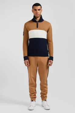 Pull col camionneur zippé colorblock en coton camel brodé coupe Regular