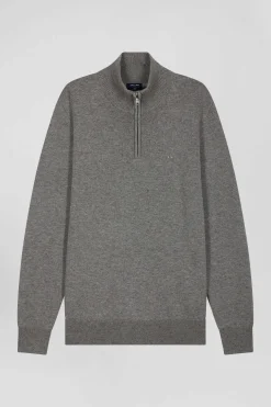 Pull col camionneur zippé en laine et coton gris clair coupe Regular