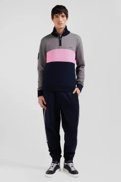 Pull col camionneur zippé colorblock en coton gris brodé coupe Regular