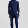 Pull col camionneur zippé uni en coton bleu foncé coupe Regular