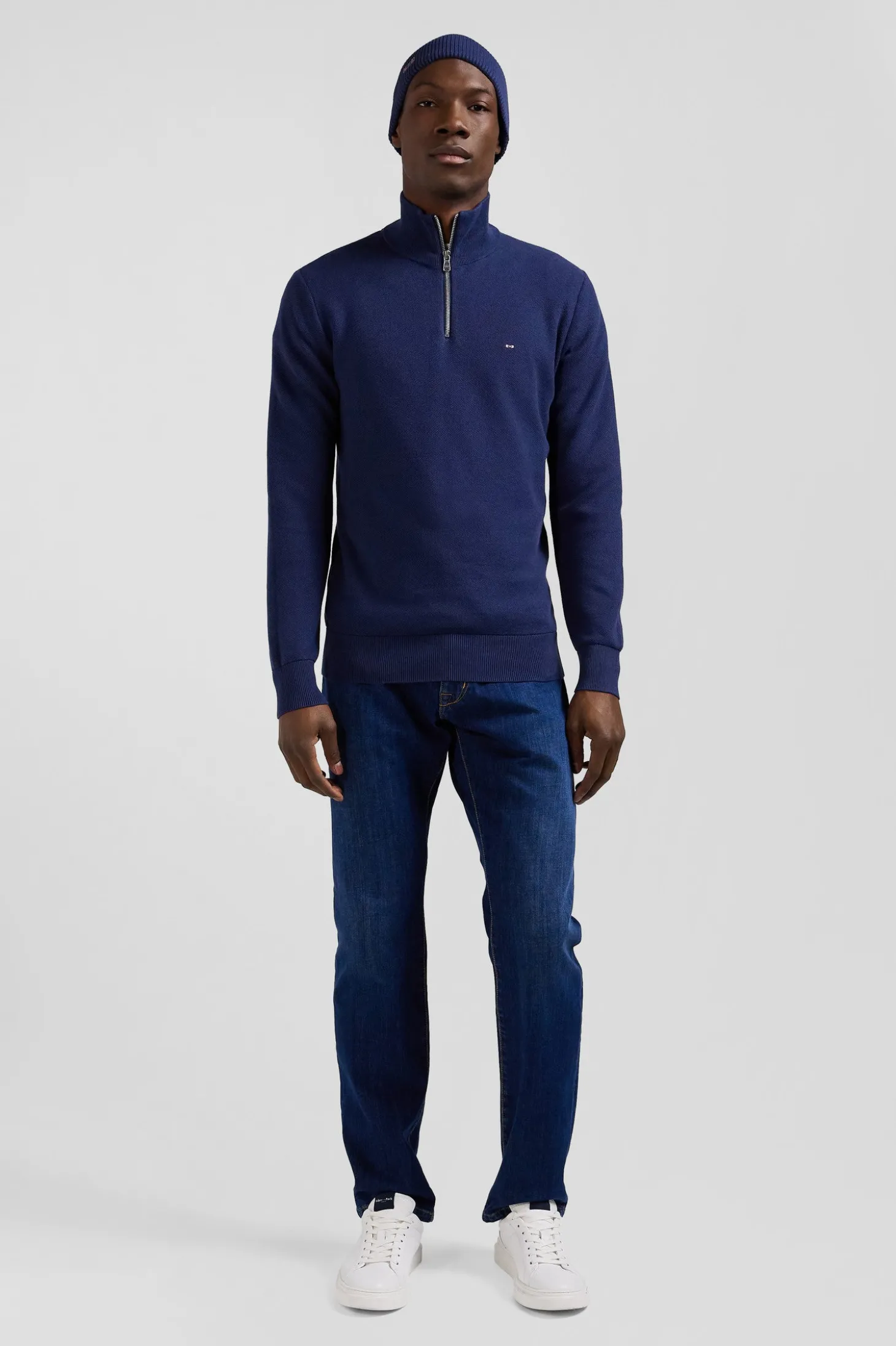 Pull col camionneur zippé uni en coton bleu foncé coupe Regular