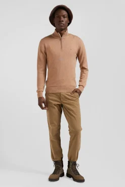 Pull col camionneur zippé en laine et coton camel coupe Regular