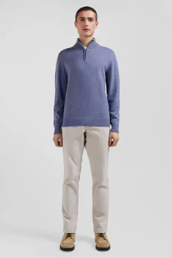 Pull col camionneur zippé en laine et coton bleu clair coupe Regular