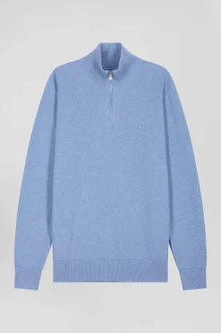Pull col camionneur zippé uni en coton ciel coupe Regular