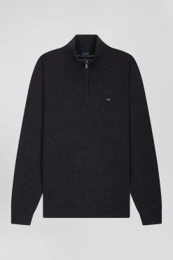 Pull col camionneur zippé en laine et coton gris anthracite coupe Regular