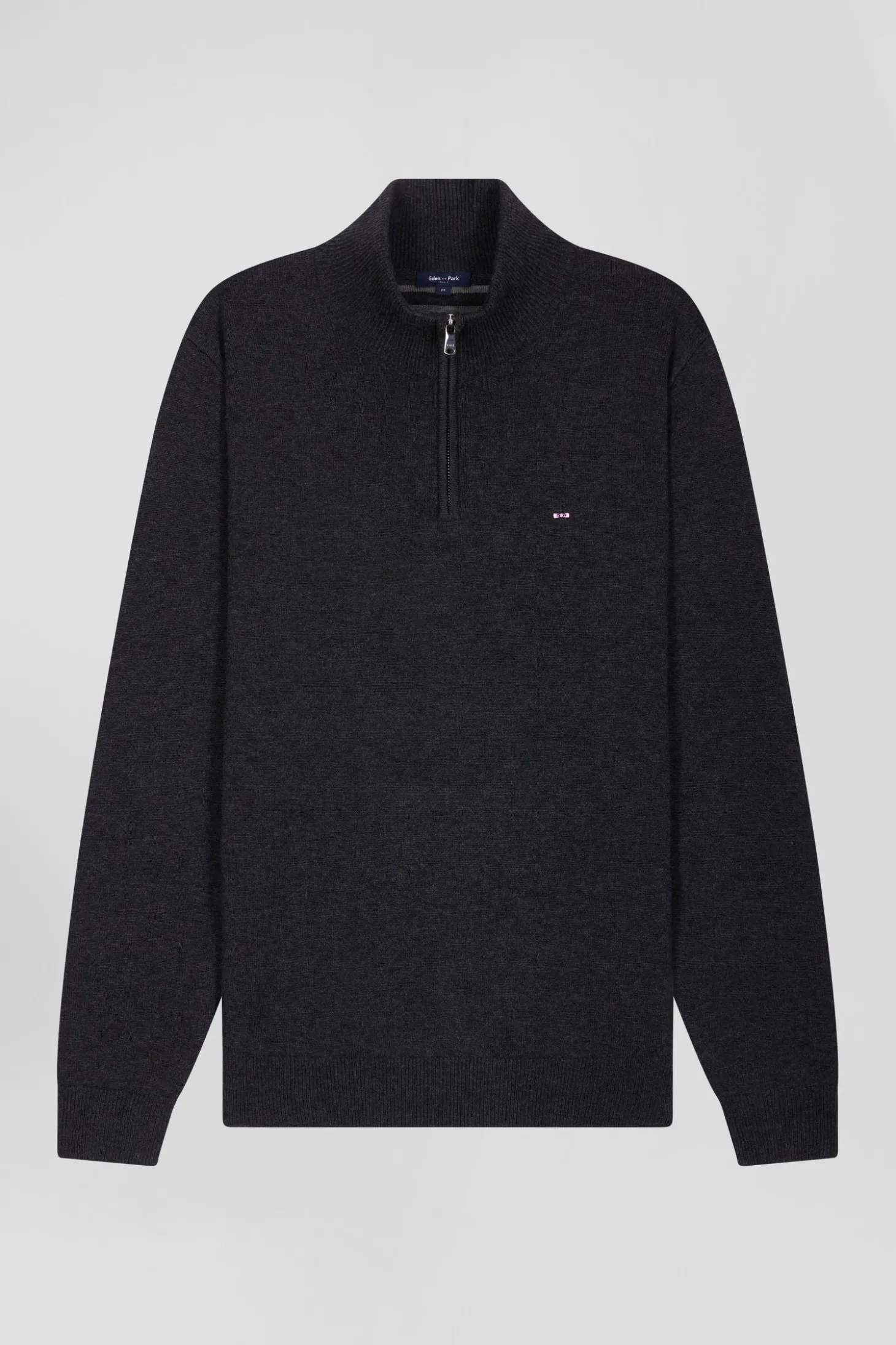 Pull col camionneur zippé en laine et coton gris anthracite coupe Regular