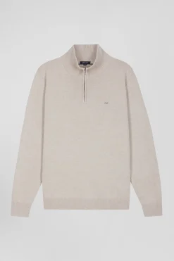 Pull col camionneur zippé en laine et coton beige coupe Regular