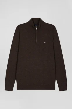 Pull col camionneur zippé en laine et coton brun coupe Regular