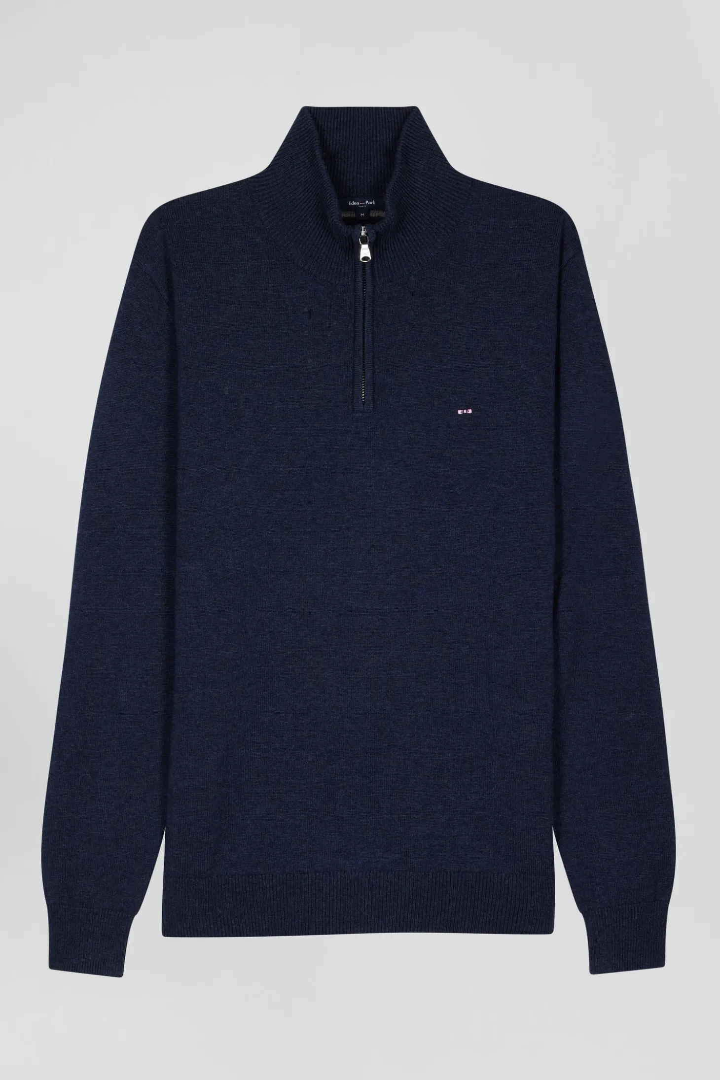 Pull col camionneur zippé en laine et coton bleu foncé coupe Regular
