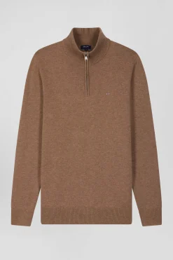 Pull col camionneur zippé en laine et coton marron coupe Regular