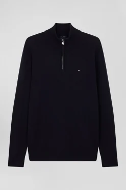 Pull col camionneur zippé en laine et coton bleu marine coupe Regular
