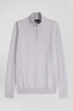 Pull col camionneur zippé en laine et coton gris coupe Regular