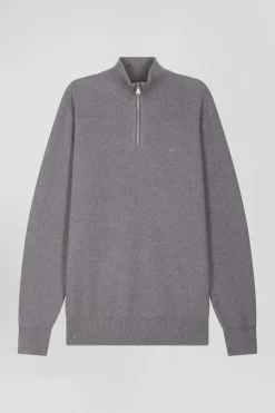 Pull col camionneur zippé uni en coton gris coupe Regular