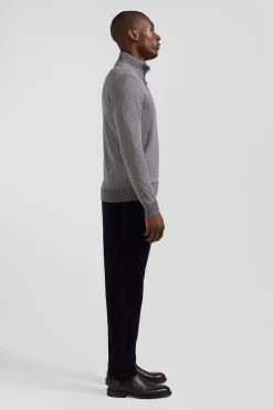 Pull col camionneur zippé en laine et coton gris clair coupe Regular