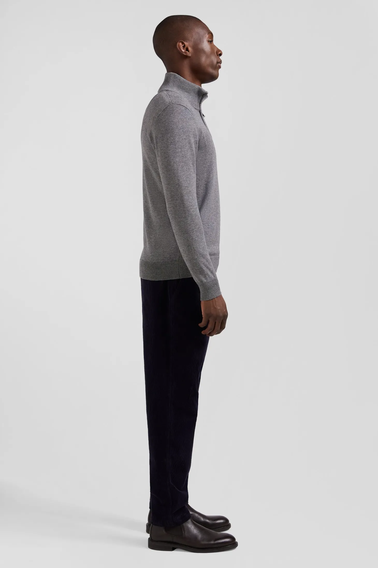 Pull col camionneur zippé en laine et coton gris clair coupe Regular