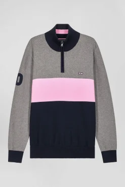 Pull col camionneur zippé colorblock en coton gris brodé coupe Regular