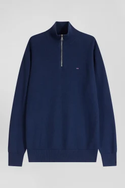 Pull col camionneur zippé uni en coton bleu foncé coupe Regular