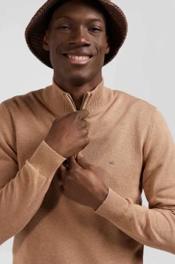 Pull col camionneur zippé en laine et coton camel coupe Regular
