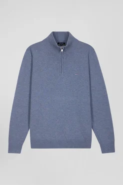 Pull col camionneur zippé en laine et coton bleu clair coupe Regular