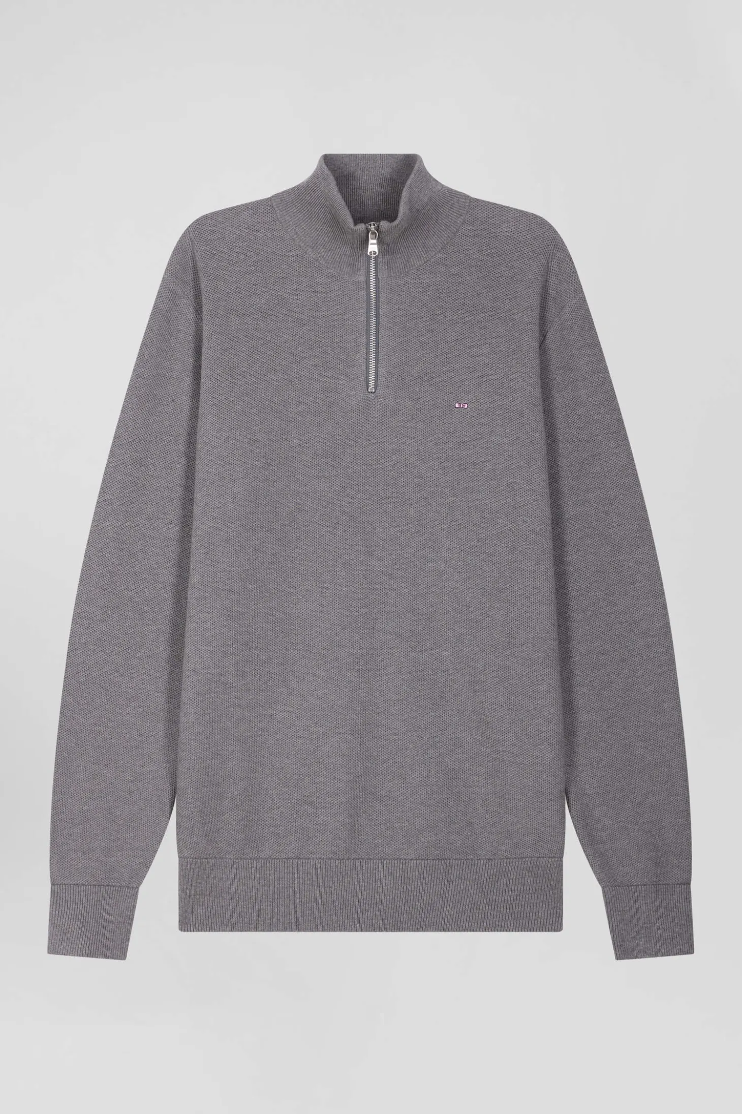 Pull col camionneur zippé uni en coton gris coupe Regular