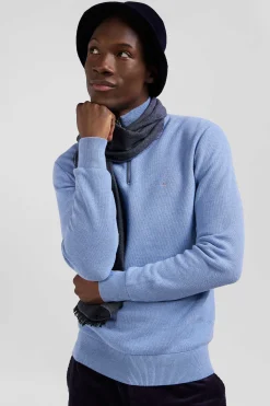 Pull col camionneur zippé uni en coton ciel coupe Regular
