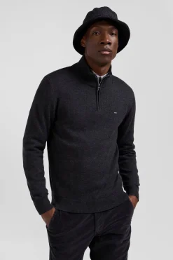 Pull col camionneur zippé en laine et coton gris anthracite coupe Regular