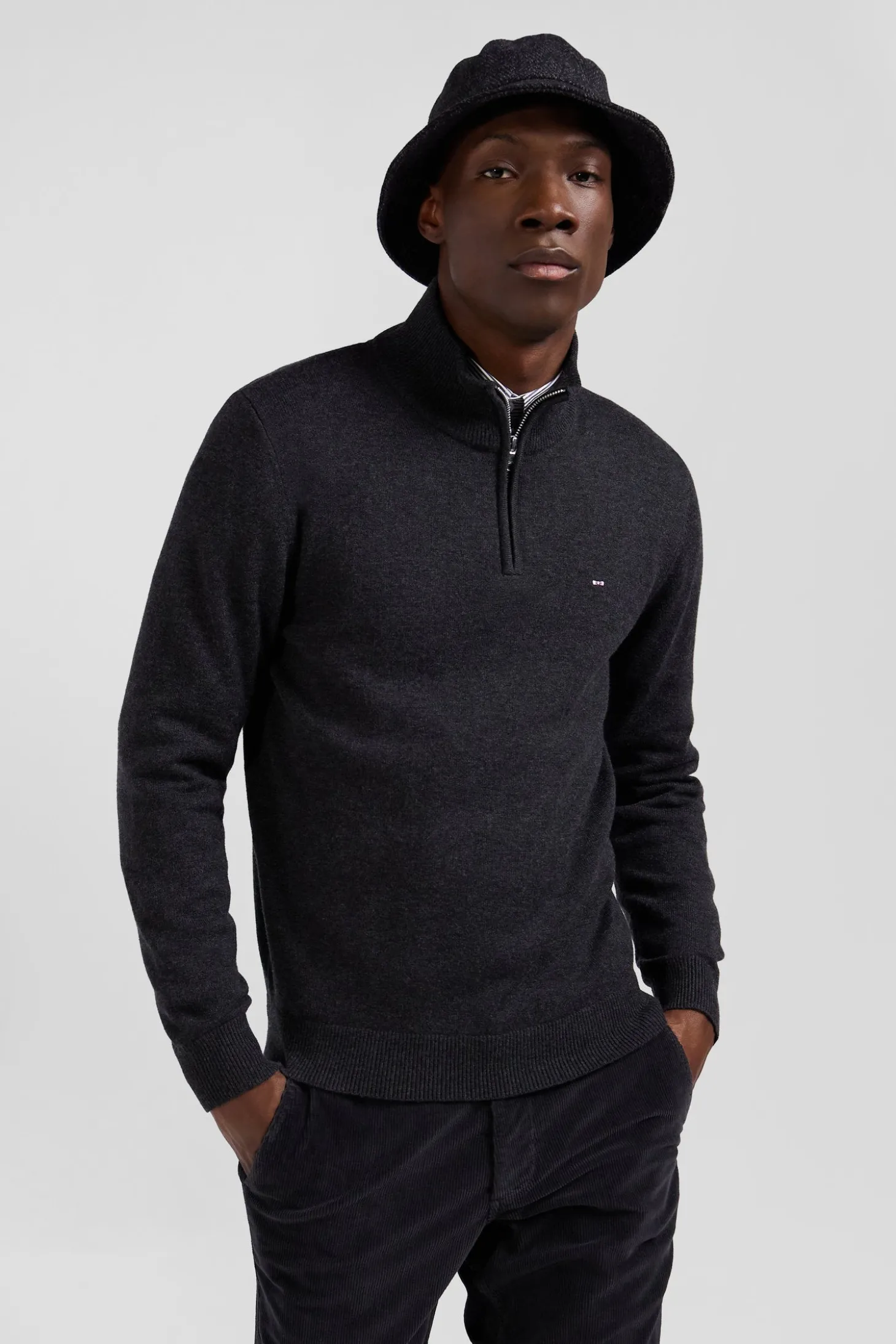 Pull col camionneur zippé en laine et coton gris anthracite coupe Regular