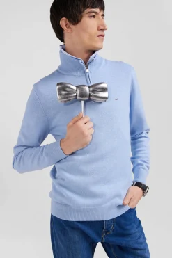 Pull col camionneur zippé en laine et coton ciel coupe Regular