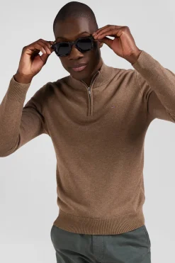 Pull col camionneur zippé en laine et coton marron coupe Regular