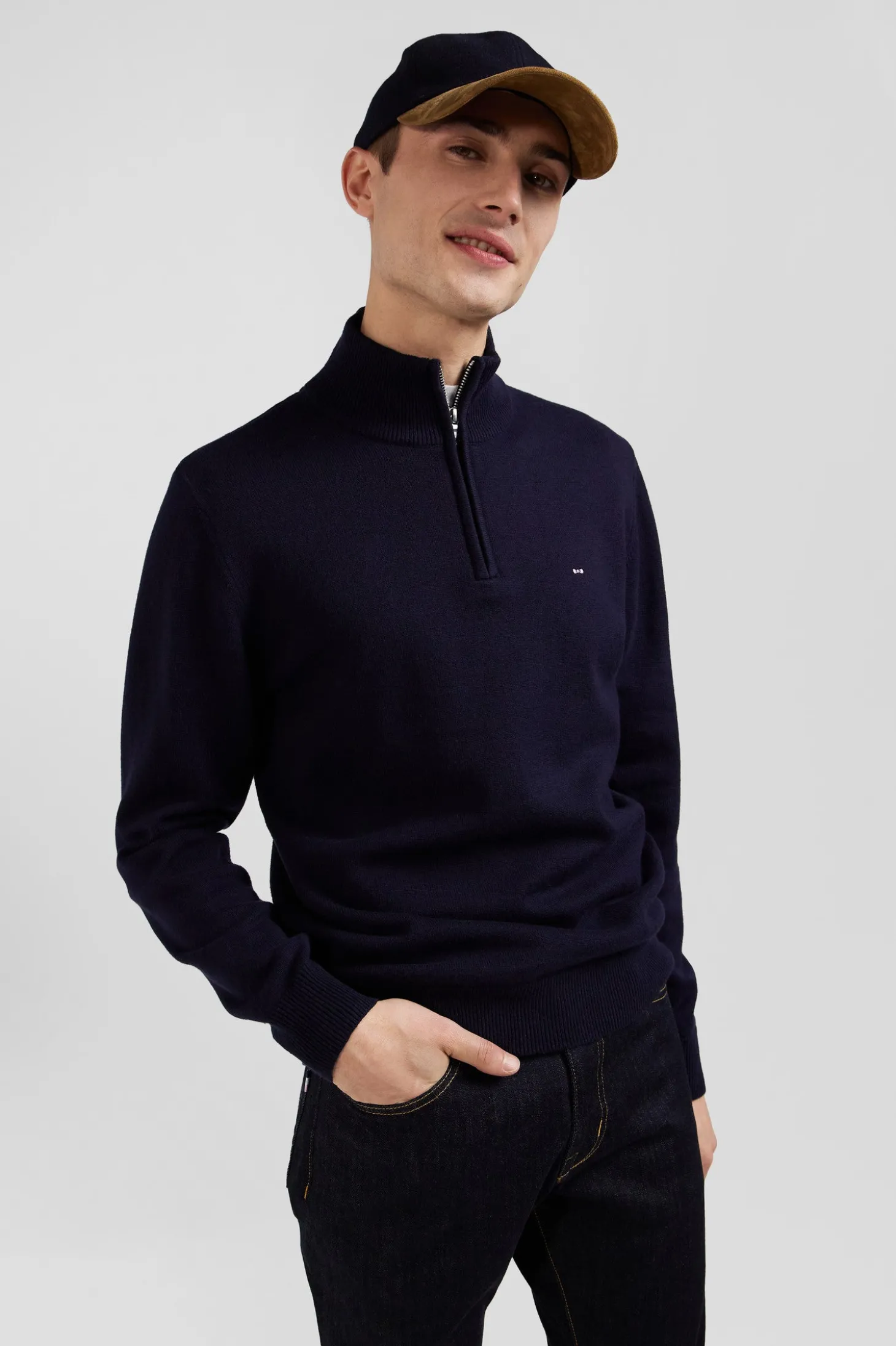 Pull col camionneur zippé en laine et coton bleu marine coupe Regular