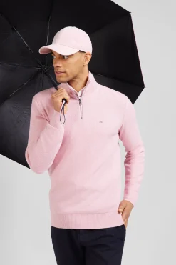 Pull col camionneur zippé uni en coton rose coupe Regular