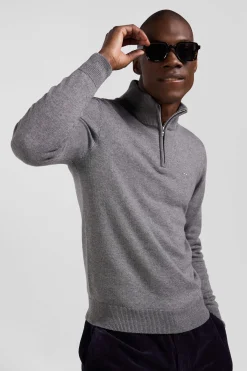 Pull col camionneur zippé en laine et coton gris clair coupe Regular
