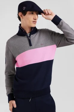 Pull col camionneur zippé colorblock en coton gris brodé coupe Regular