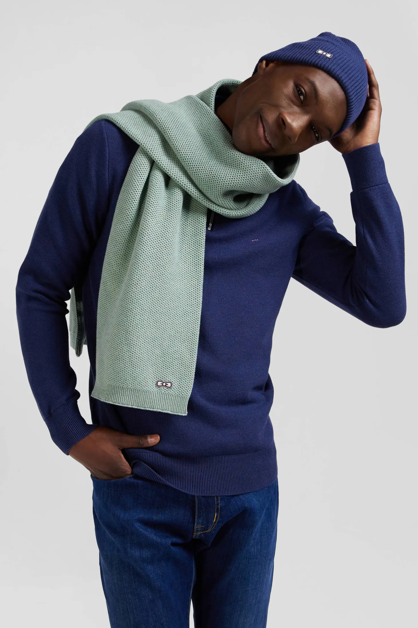 Pull col camionneur zippé uni en coton bleu foncé coupe Regular