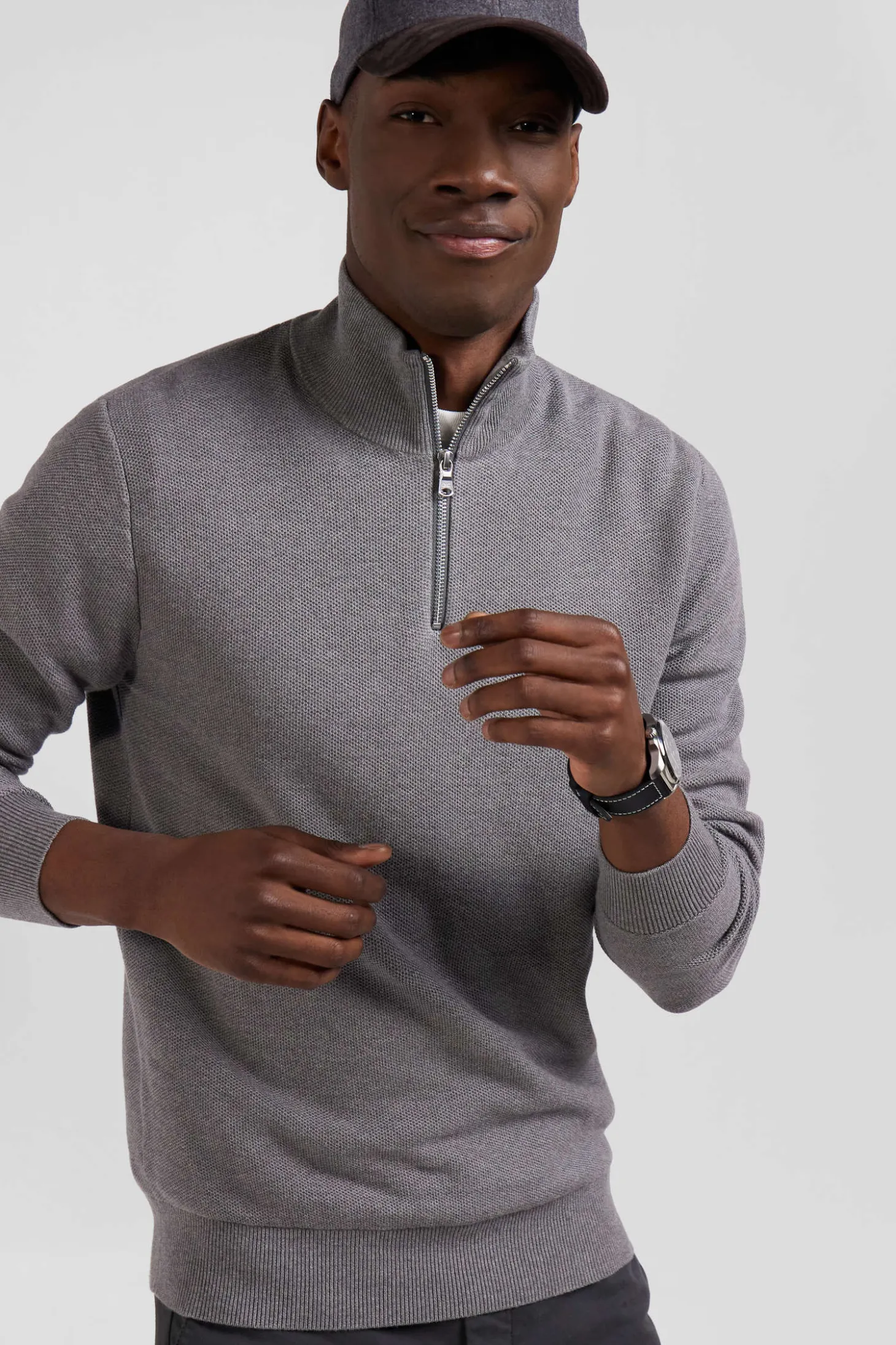 Pull col camionneur zippé uni en coton gris coupe Regular