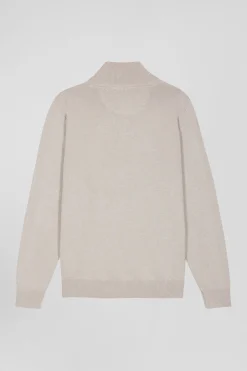 Pull col camionneur zippé en laine et coton beige coupe Regular