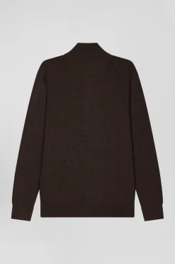 Pull col camionneur zippé en laine et coton brun coupe Regular