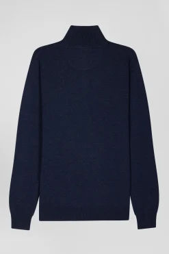Pull col camionneur zippé en laine et coton bleu foncé coupe Regular
