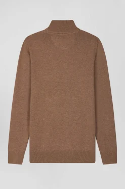 Pull col camionneur zippé en laine et coton marron coupe Regular