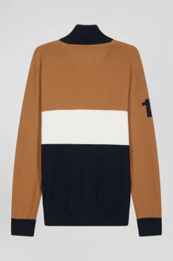 Pull col camionneur zippé colorblock en coton camel brodé coupe Regular